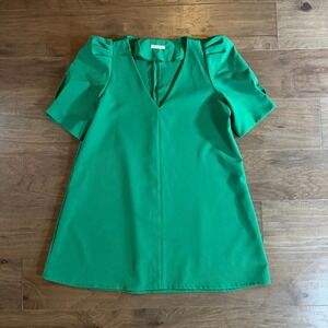 Sunday Up Womens Kelly Green V-Neck Puff Sleeve A-Line Mini Dress Medium